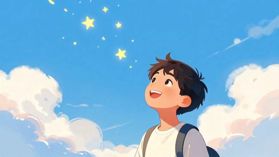 Illustration%20of%20a cheerful young person smiling and looking up at a bright sky filled with floating stars and soft clouds, symbolizing hope and positivity, vibrant colors, illustrated style