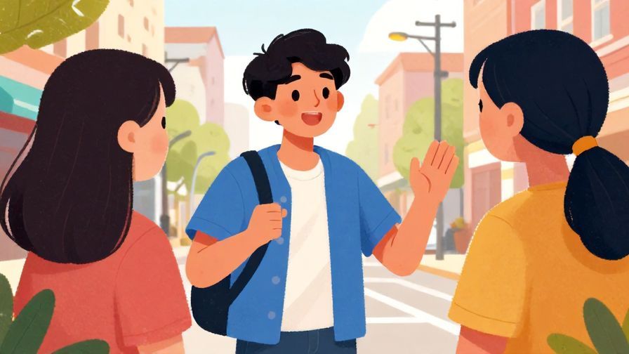 Illustration%20of%20a cheerful young person speaking animatedly to a friend, urban street background, vibrant colors, illustrated style