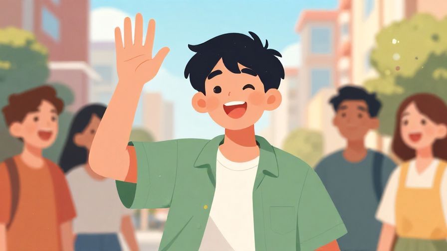Illustration%20of%20a cheerful young person waving their hand for “again”%20in%20a%20bright%20urban%20setting%20with%20friends%20laughing