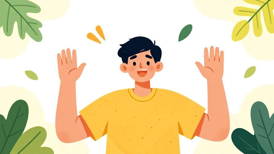 Illustration%20of%20a cheerful young person waving both hands energetically%2C%20bright%20colors%2C%20stylized%20background%20with%20floating%20leaves%2C%20illustrated%20style
