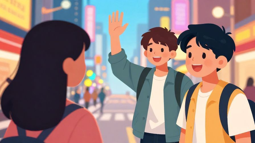 Illustration%20of%20a cheerful young person waving goodbye to a friend, bright city street with colorful lights