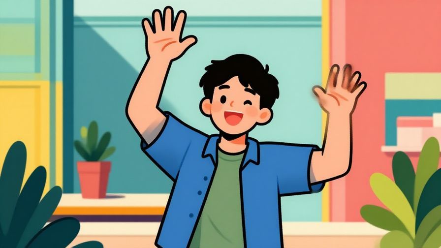Illustration%20of%20a cheerful young person waving both hands energetically%20in%20a%20playful%20setting%2C%20bright%20colors%2C%20illustrated%20style