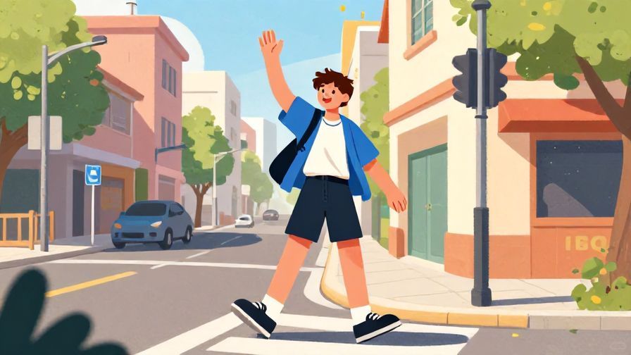 Illustration%20of%20a cheerful young person waving goodbye casually on a sunny street corner, vibrant colors, illustrated style