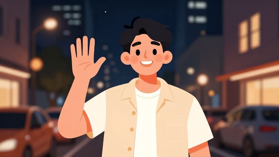 Illustration%20of%20a cheerful young person waving and saying goodbye with a grin, nighttime city street background