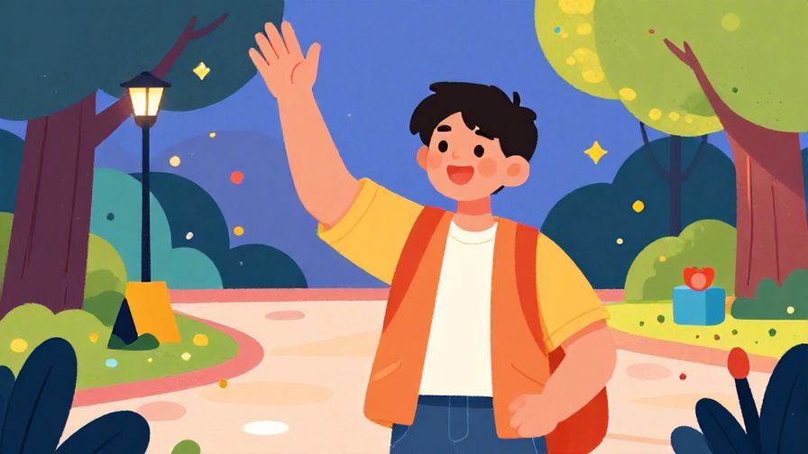 Illustration%20of%20a cheerful young person waving goodbye in a colorful evening park%2C%20vibrant%20colors%2C%20illustrated%20style