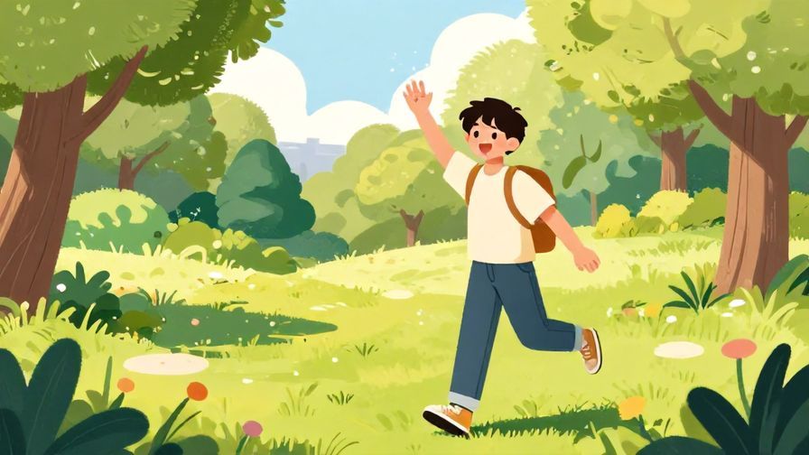 Illustration%20of%20a cheerful young person waving hello in a sunny park during the afternoon, vibrant colors, illustrated style