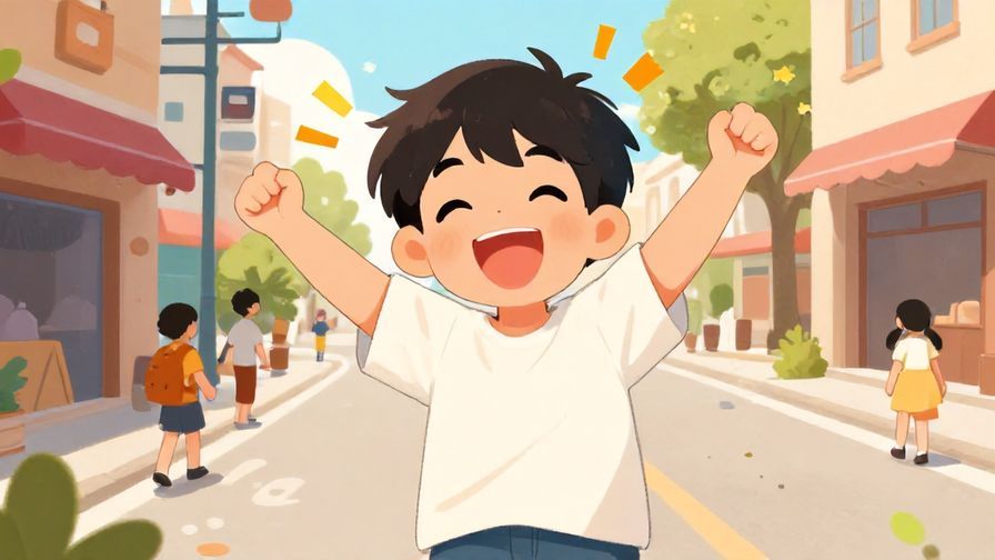 Illustration%20of%20a cheerful young person with a big smile, stomach growling illustrated with cute sound effects, lively street scene, vibrant colors, illustrated style