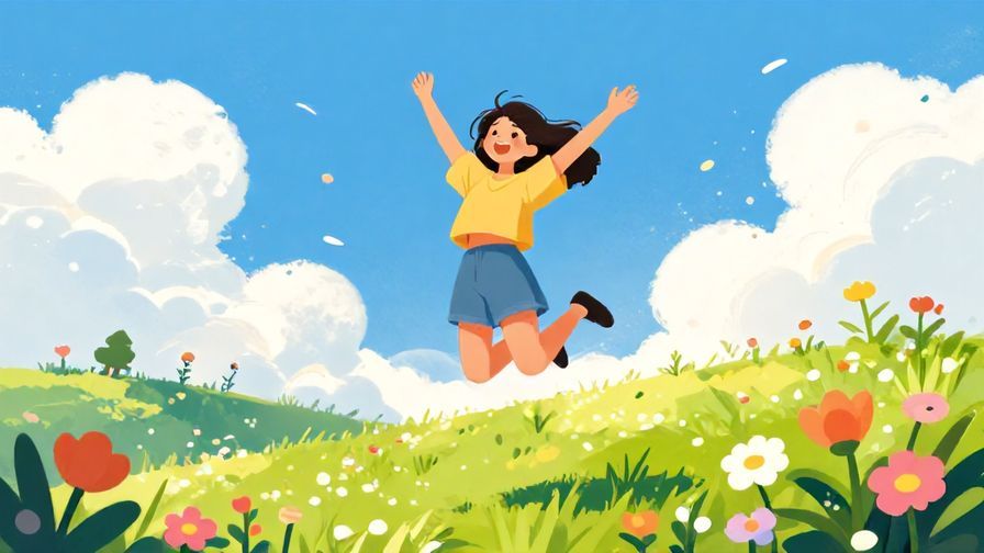Illustration%20of%20a cheerful young woman jumping with joy in a sunny field with flowers.%20Vibrant%20and%20bright%20illustrated%20style