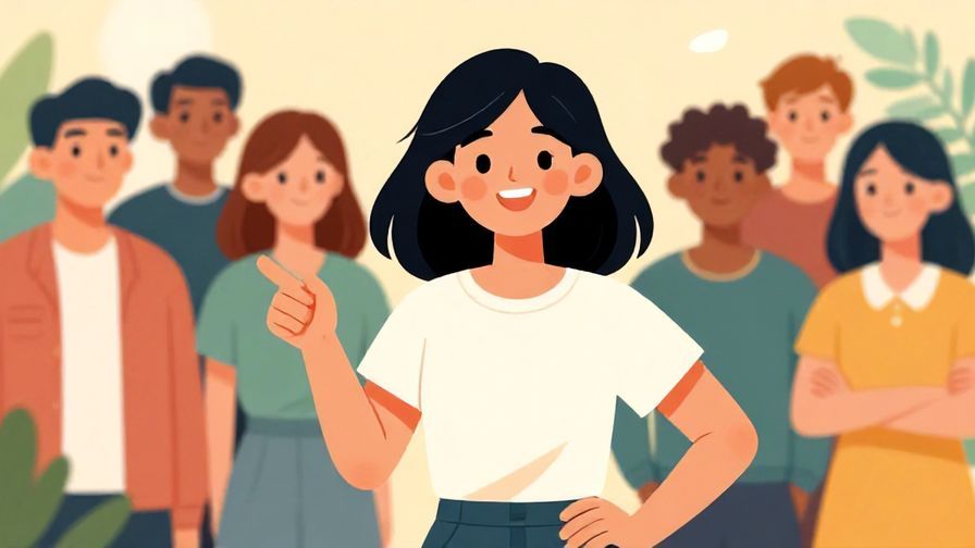 Illustration%20of%20a cheerful young woman pointing to herself confidently%20in%20a%20group%20setting%2C%20colorful%20background%2C%20illustrated%20style