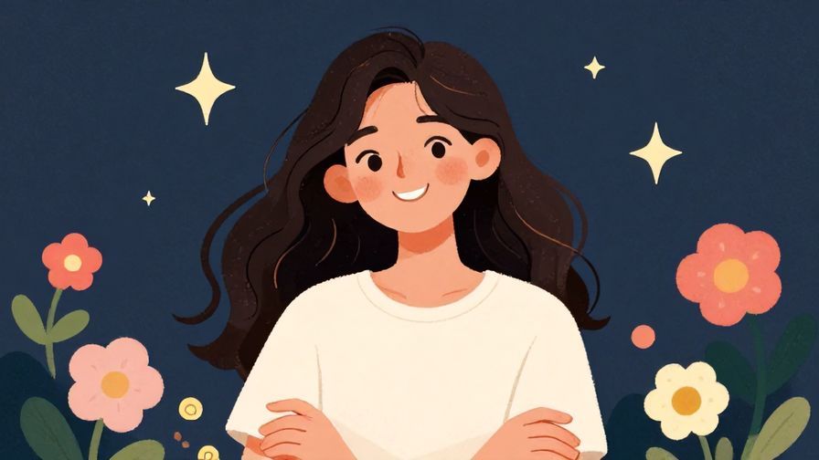 Illustration%20of%20a cheerful young woman smiling confidently with floating flowers and stars in the background, illustrated style