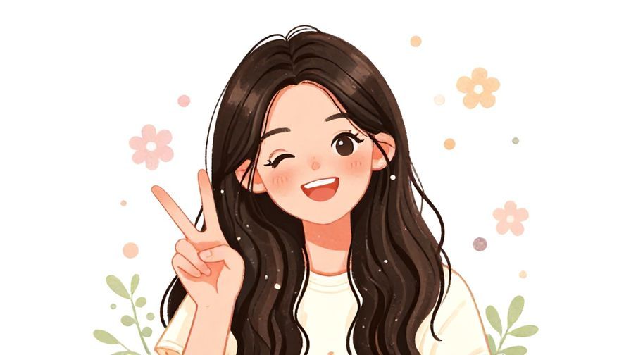 Illustration%20of%20a cheerful young woman smiling and giving a peace sign, surrounded by soft dots and florals