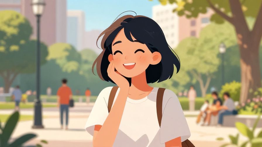 Illustration%20of%20a cheerful young woman smiling and nodding in an urban park setting%2C bright daylight and lively atmosphere%2C illustrated style