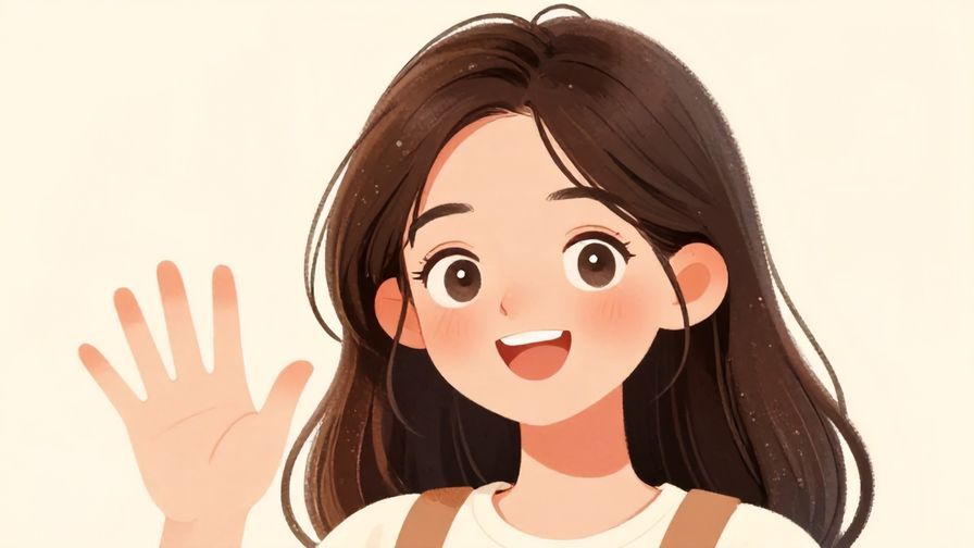 Illustration%20of%20a cheerful young woman waving with a bright smile and sparkling eyes, soft pastel background, illustrated style