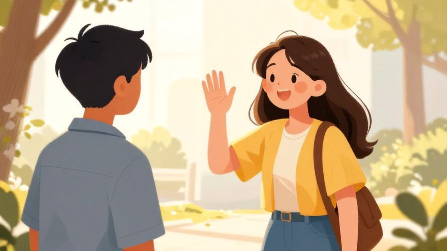 Illustration%20of%20a cheerful young woman waving and greeting a neighbor outside in the morning light.%20Bright%20and%20warm%20colors%2C%20illustrated%20style