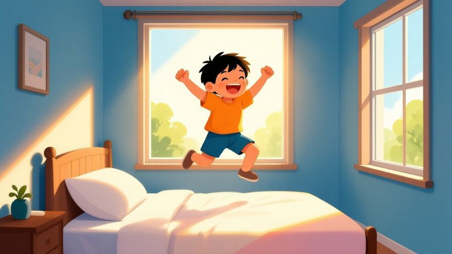 Illustration%20of%20a cheerful%20child%20jumping%20out%20of%20bed%20with%20sunlight%20streaming%20through%20the%20window.%20Bright%20colors%2C%20illustrated%20style