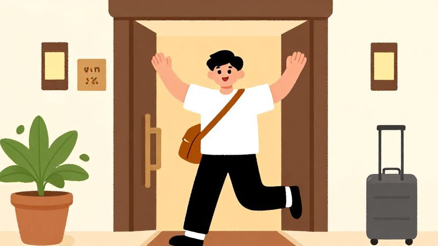 Illustration%20of%20a cheerful%20person%20confidently%20announcing%20their%20arrival%20at%20a%20hotel%2C%20bright%20colors%20and%20friendly%20expression%2C%20illustrated%20style