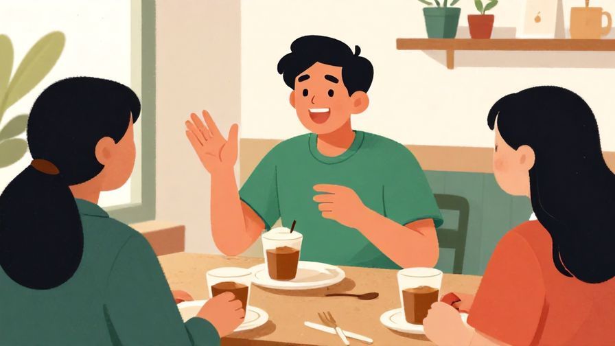 Illustration%20of%20a cheerful%20person%20explaining%20something%20with%20hand%20gestures%20to%20friends%20in%20a%20cafe%2C%20vibrant%20colors%2C%20illustrated%20style