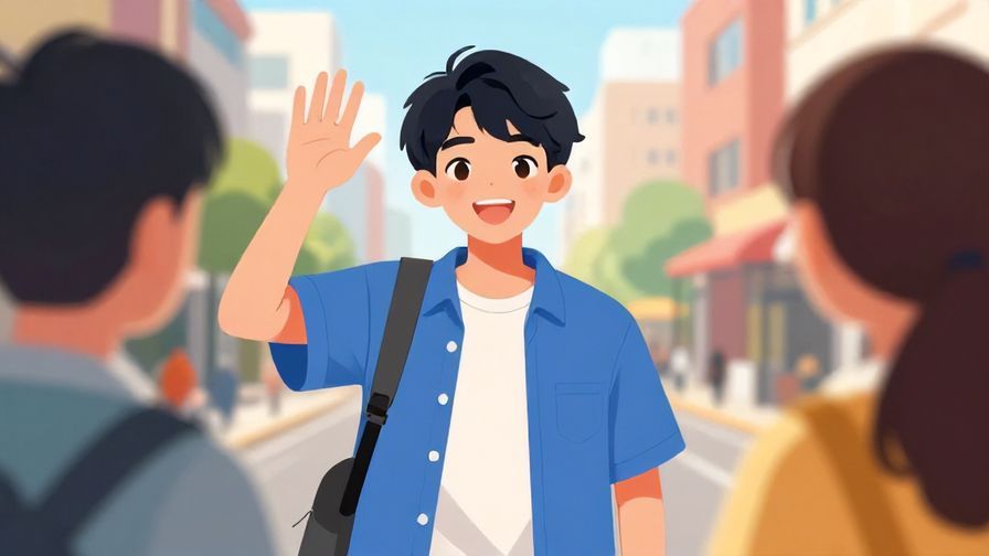 Illustration%20of%20a cheerful%20teenager%20waving%20and%20smiling%20confidently%20while%20telling%20someone%20to%20wait%20in%20a%20colorful%20urban%20setting.