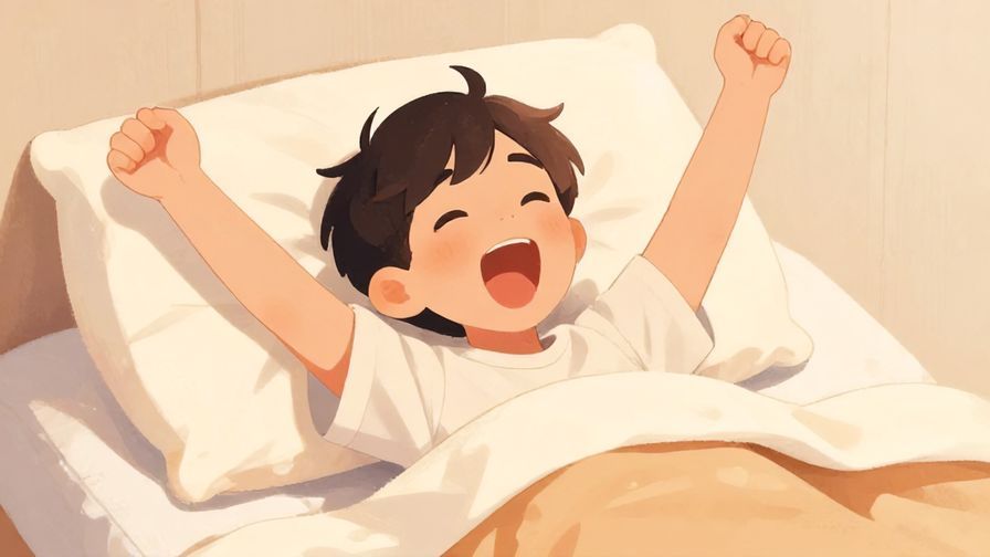 Illustration%20of%20a cheerful%20young%20person%20stretching%20and%20yawning%2C%20getting%20ready%20for%20bed%20with%20a%20soft%20blanket%20and%20pillows%2C%20warm%20colors%2C%20illustrated%20style