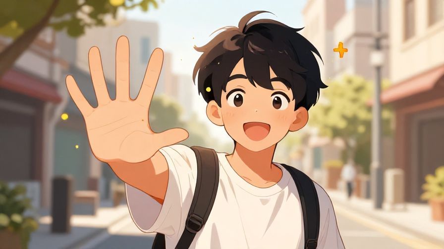 Illustration%20of%20a cheerful%20young%20person%20enthusiastically%20gesturing%20“wait”%20while%20looking%20directly%20at%20the%20viewer%2C%20with%20a%20sunlit%20street%20in%20the%20background.