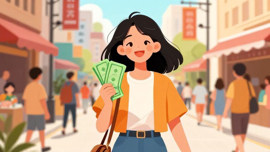 Illustration%20of%20a cheerful%20young%20woman%20holding%20cash%20in%20a%20busy%20shopping%20street%2C%20vibrant%20colors%2C%20illustrated%20style