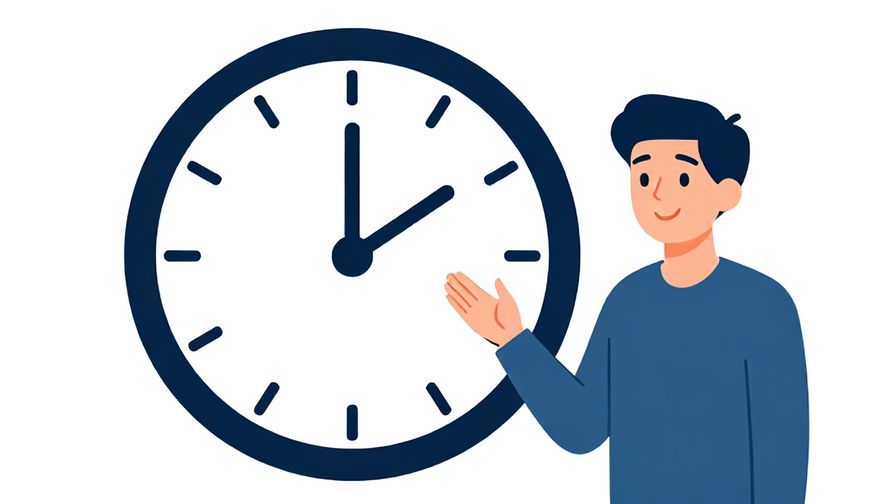 Illustration%20of%20a clock and a person smiling while waiting, symbolic of time passing and turn arriving