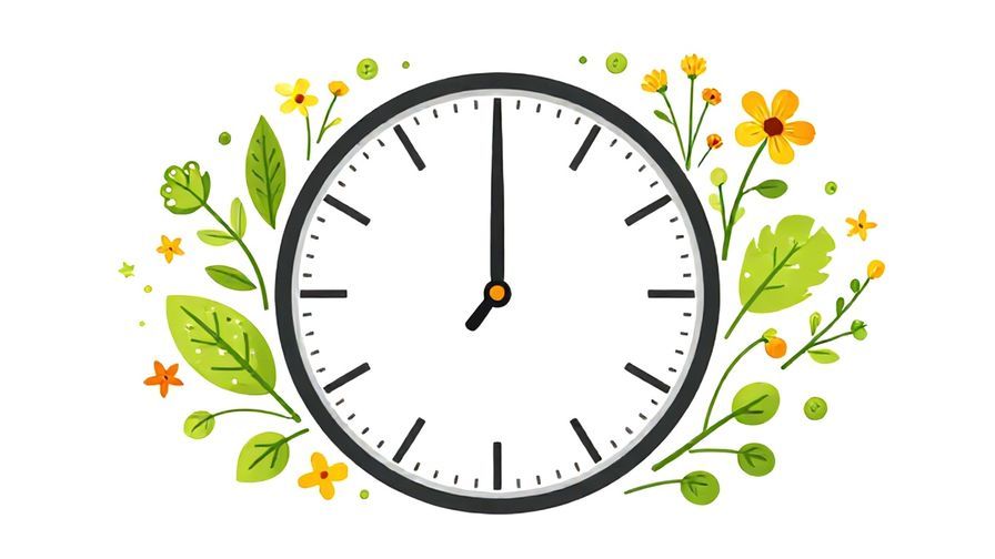 Illustration%20of%20a clock with natural elements like flowers blooming and seasons changing around it, calm and hopeful atmosphere