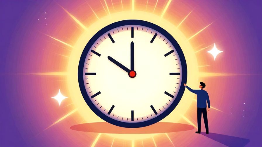 Illustration%20of%20a clock%20showing%20midday%20with%20bursting%20light%20behind%20it%2C%20person%20standing%20ready%20to%20move%2C%20vibrant%20colors%2C%20illustrated%20style