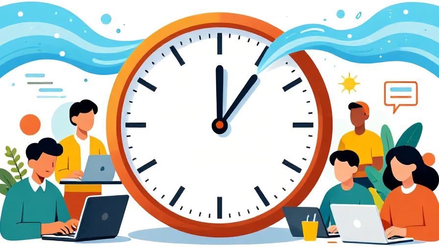 Illustration%20of%20a clock%20with%20flowing%20water%20symbolizing%20time%20passing%2C%20people%20focused%20and%20working%20together%2C%20vibrant%20colors%2C%20illustrated%20style