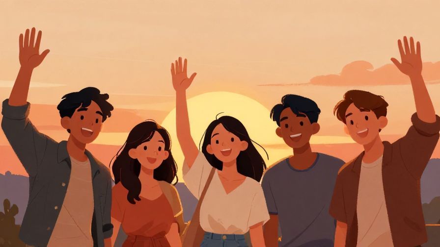 Illustration%20of%20a close group of friends smiling and waving goodbye under a sunset sky, warm and casual atmosphere