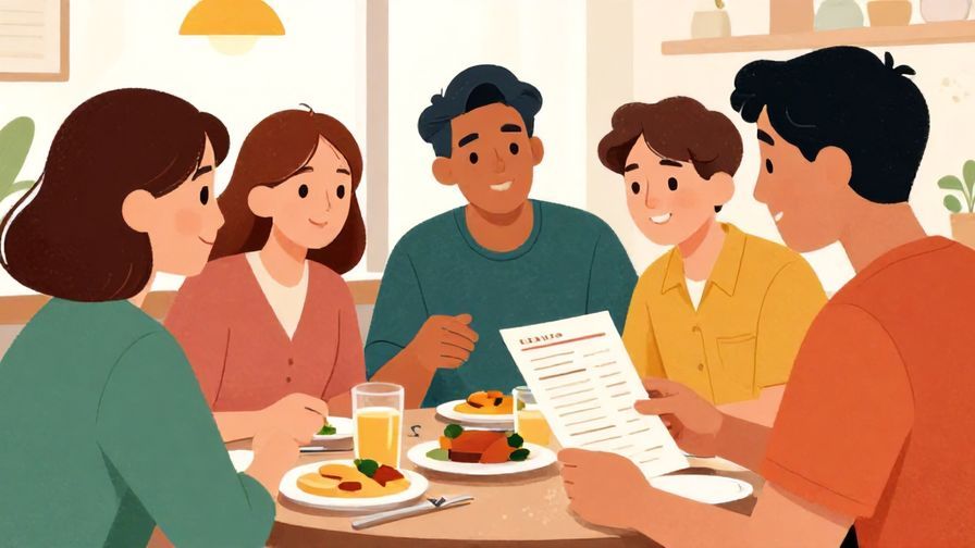 Illustration%20of%20a close-knit group%20in%20a%20casual%20eatery%2C%20one%20person%20using%20a%20friendly%20gesture%20to%20ask%20for%20the%20menu%2C%20bright%20and%20cheerful%20colors%2C%20illustrated%20style