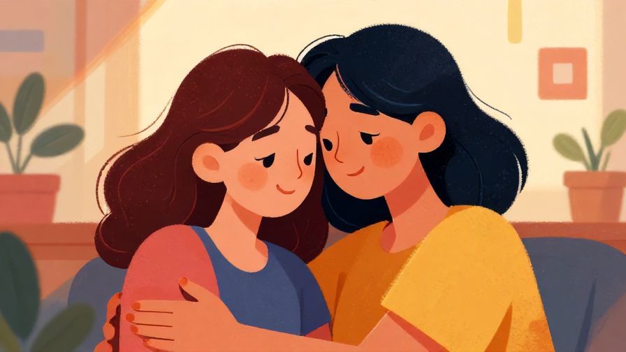 Illustration%20of%20a comforting hug between two friends under a soft warm light, detailed background, vibrant colors, illustrated style