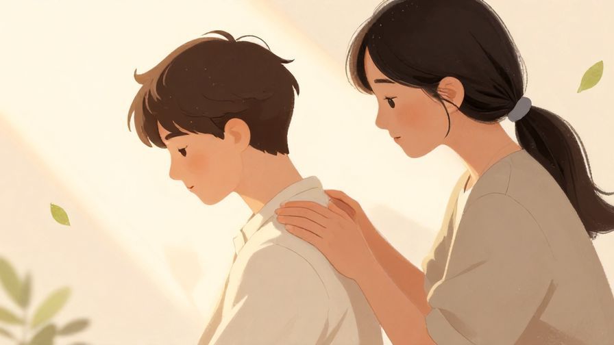 Illustration%20of%20a comforting person gently patting another’s shoulder%2C%20soft%20pastel%20background%20with%20floating%20leaves%20and%20light%20rays%2C%20illustrated%20style