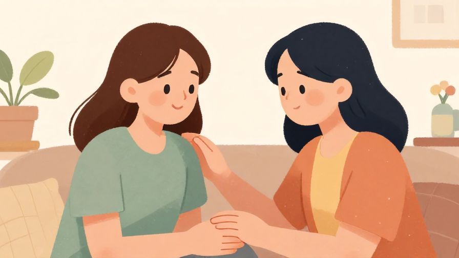 Illustration%20of%20a comforting person offering a reassuring smile, soft pastel indoors, cozy vibe