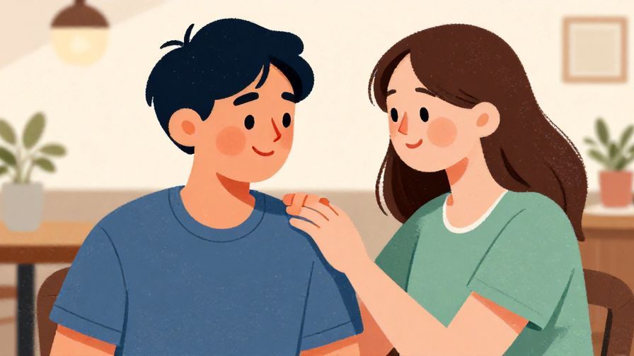 Illustration%20of%20a comforting person with a gentle smile, hand reassuring another’s shoulder, soft cafe background, vibrant colors, illustrated style