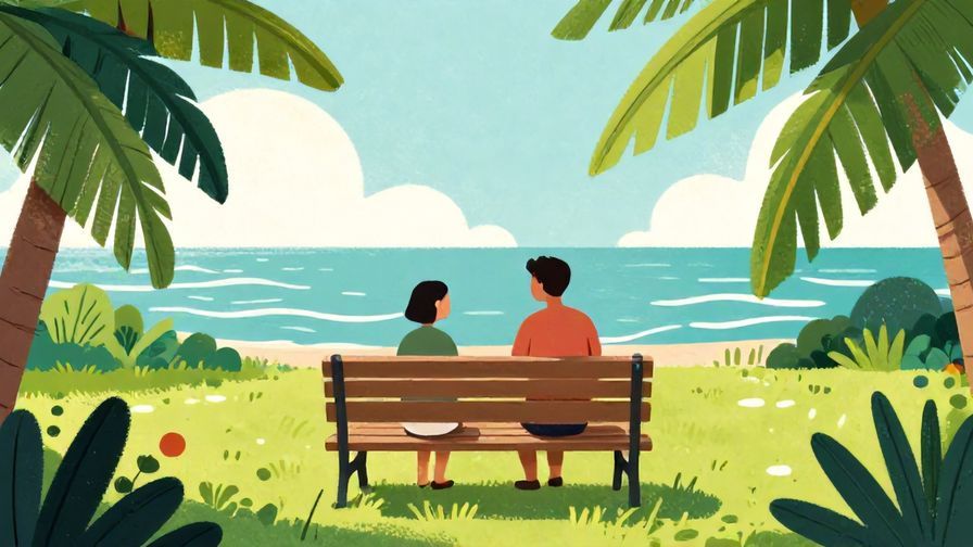 Illustration%20of%20a comforting scene with a person sitting on a bench in a garden, surrounded by palm leaves and gentle waves, peaceful and encouraging, vibrant colors, illustrated style
