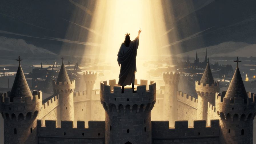 Illustration%20of%20a commanding figure standing atop a castle overlooking a vast kingdom, symbolizing control and dominance, dramatic lighting, illustrated style