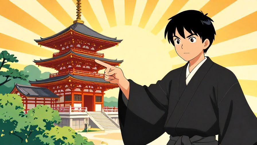 Illustration%20of%20a composed person pointing firmly with a traditional Japanese backdrop of a temple and sun rays%2C vibrant colors%2C illustrated style