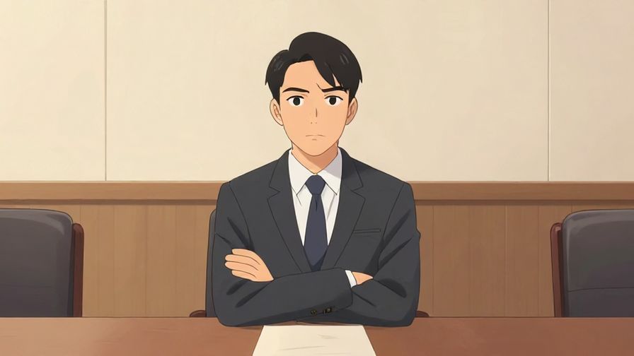 Illustration%20of%20a composed person with arms crossed politely, seated in a formal meeting room, serious expression, muted colors, illustrated style