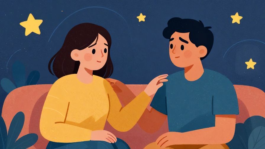 Illustration%20of%20a concerned person being reassured by a friend in a cozy room with stars and curved lines in the background, warm and supportive vibe, vibrant colors, illustrated style