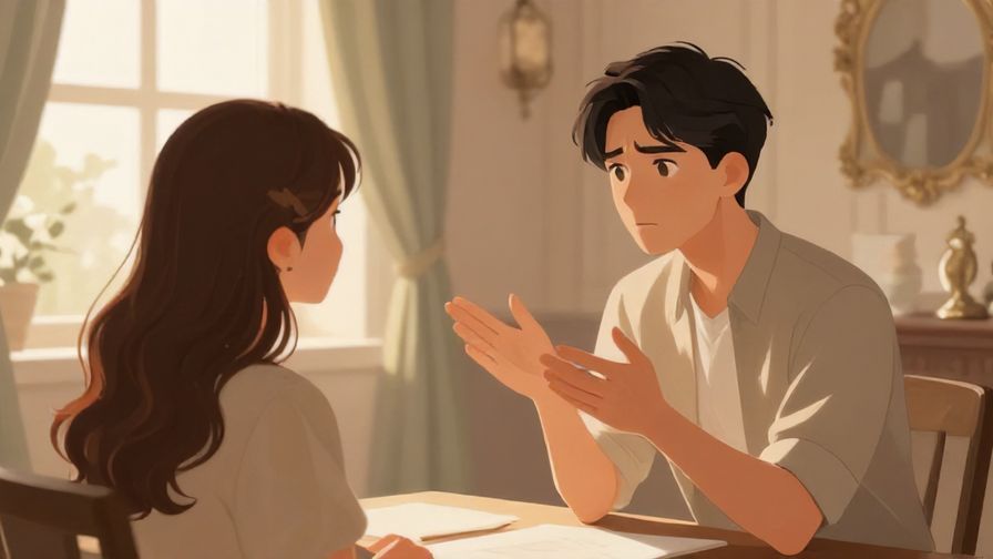 Illustration%20of%20a concerned person politely asking about another’s wellbeing, elegant room, soft natural light