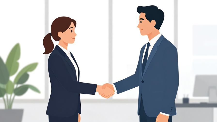 Illustration%20of%20a confident businessperson shaking hands in an office, bright and professional atmosphere