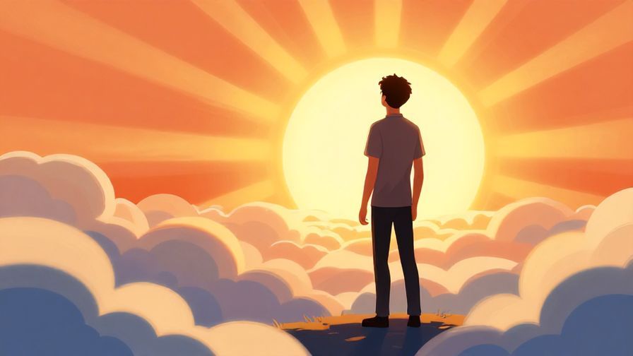 Illustration%20of%20a confident character standing tall watching the sunrise, bright sun rays breaking through clouds, bold colors