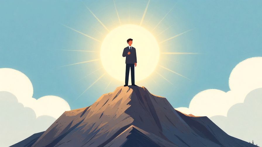 Illustration%20of%20a confident figure standing above others on a mountain peak, with a majestic sky and radiant light, symbolizing superiority and survival, illustrated style.