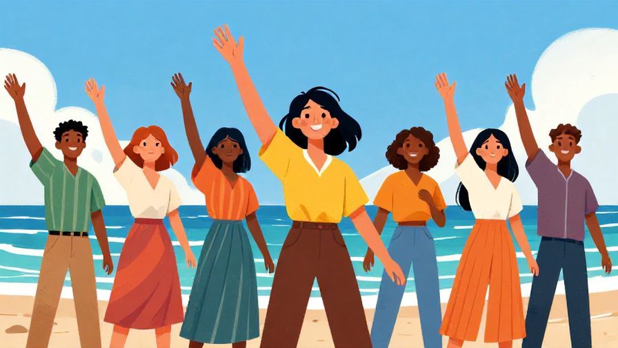 Illustration%20of%20a confident group starting a journey together, bright clear sky and gentle waves in background, vibrant and hopeful colors, illustrated style