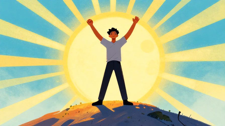 Illustration%20of%20a confident individual standing on top of a hill under bright sun rays, arms raised triumphantly, vibrant colors, illustrated style