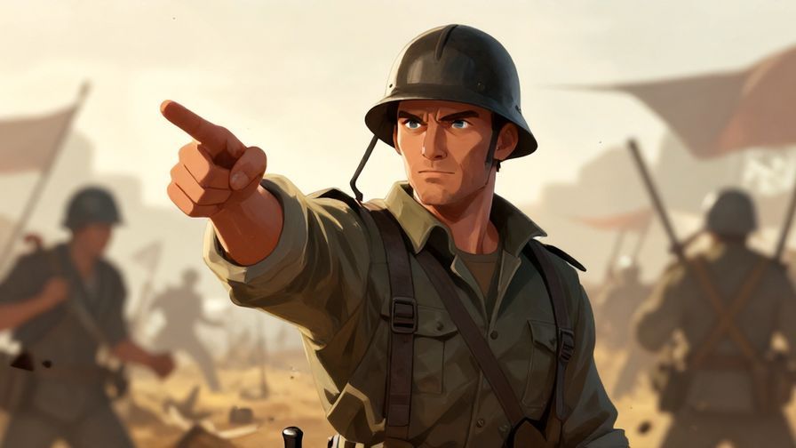 Illustration%20of%20a confident man pointing forward with a determined look, battlefield background with fading light, illustrated style