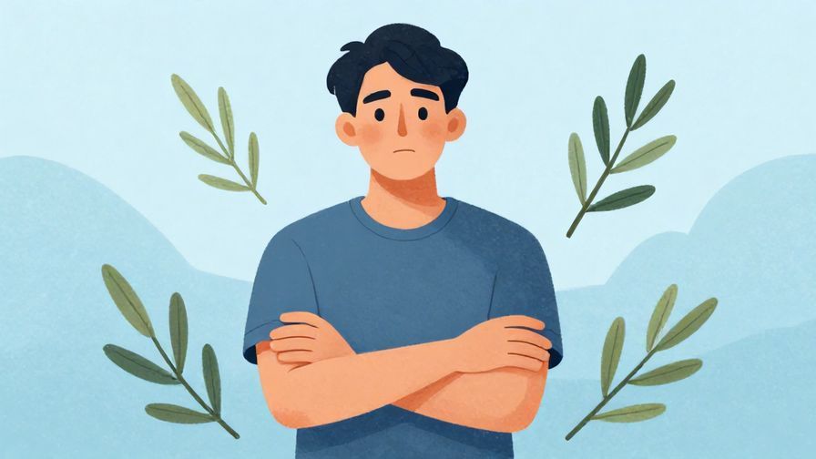 Illustration%20of%20a confident person crossing arms reassuringly, surrounded by calm blue tones and floating olive branches, illustrated style