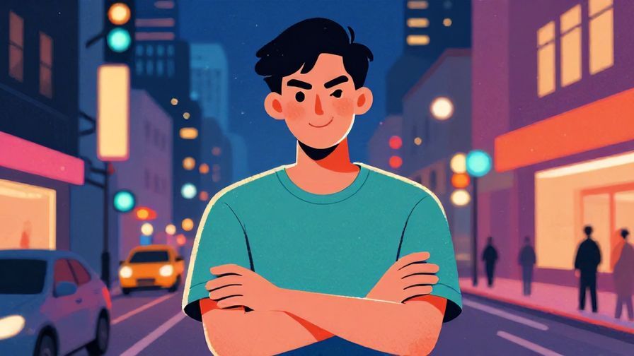 Illustration%20of%20a confident person crossing arms and smiling slyly, nighttime city street background, vibrant colors, illustrated style
