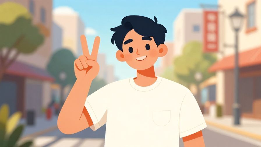 Illustration%20of%20a confident person flashing a peace sign with a big smile, bright sunny street background, illustrated style